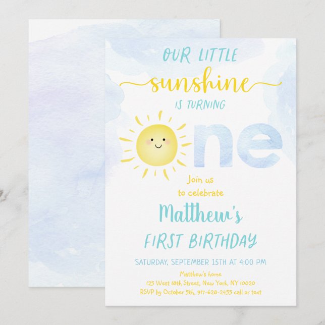 Little Sunshine Boy First Geburtstag Einladung (Vorne/Hinten)