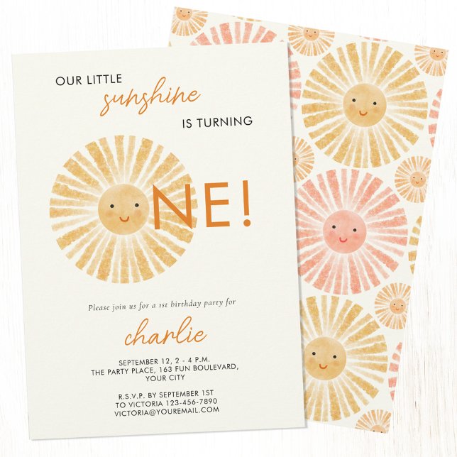 Little Sunshine Erster Geburtstag Einladung (Our little sunshine is turning one. Personalized happy waterolor sun first 1st birthday party invite)