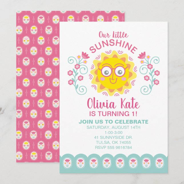 Little Sunshine Girl 1. Geburtstag Einladung (Vorne/Hinten)