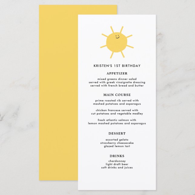 Little Sunshine Party Menükarte (Vorne/Hinten)
