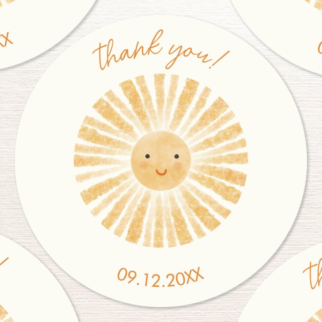 Little Sunshine Vielen Dank Runder Aufkleber (Personalized date thank you sticker with watercolor sunshine)