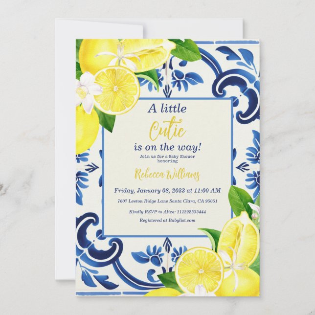 Little Süsse Blue Tile Lemon Fruit Baby Dusche Einladung (Vorderseite)