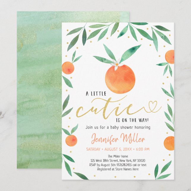 Little Süsse Greenery Gold Baby Dusche Einladung (Vorne/Hinten)