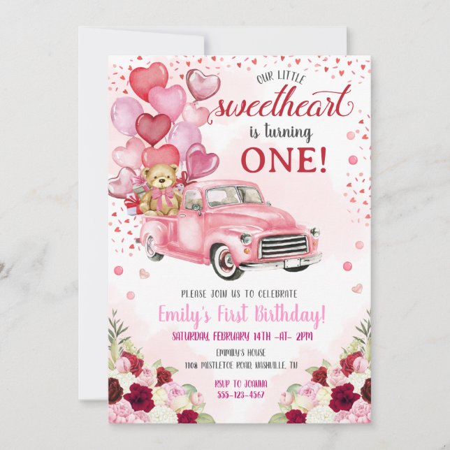 Little Sweetheart Bear Pink Hearts Truck Geburtsta Einladung (Vorderseite)