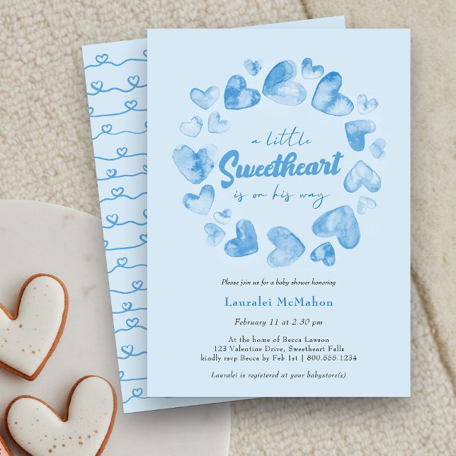 Little Sweetheart Blue Heart Valentine Baby Dusche Einladung (Little Sweetheart is on his Way Baby Shower Invitation)