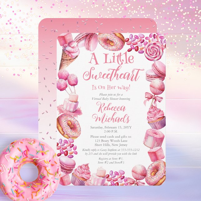 Little Sweetheart Candy Frame Virtual Baby Dusche Einladung ("A Little Sweetheart Is On Her Way" Pink Candy and Bakery Treat Frame Virtual Baby Shower Invitation)