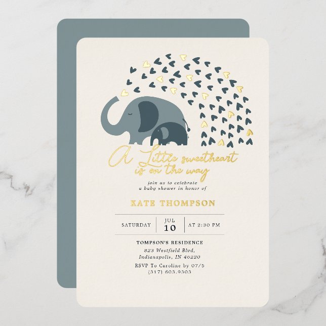 Little Sweetheart Elephant Boy Baby Shower Gold Folieneinladung (Vorderseite/Rückseite)