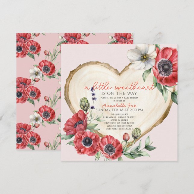 Little Sweetheart Heart Wood Slice Baby Dusche Einladung (Vorne/Hinten)