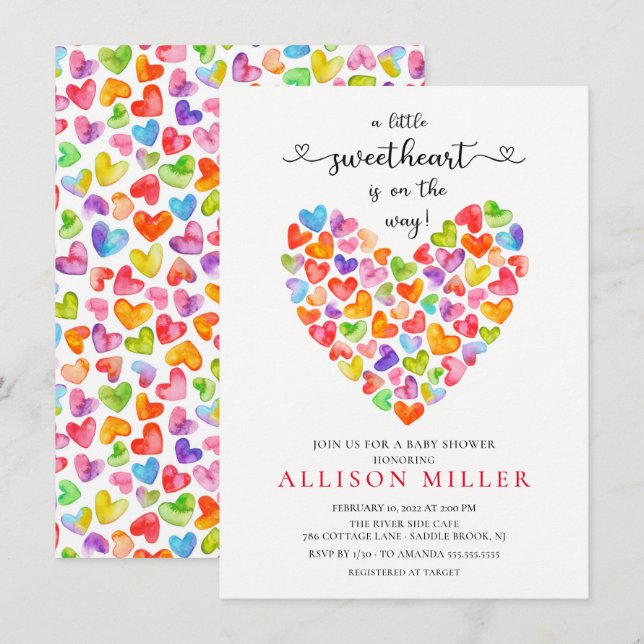 Little Sweetheart Hearts Girls Baby Dusche Invita Einladung (Vorne/Hinten)