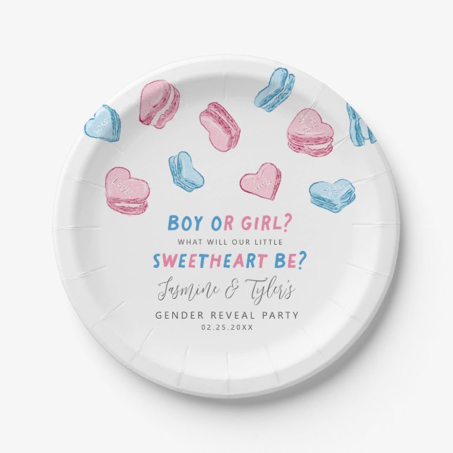 Little Sweetheart Pink & Blue Heart Gender Reveal Pappteller (Vorderseite)