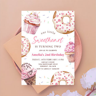 Little Sweetheart Pink Cupcake & Donut Birthday Einladung
