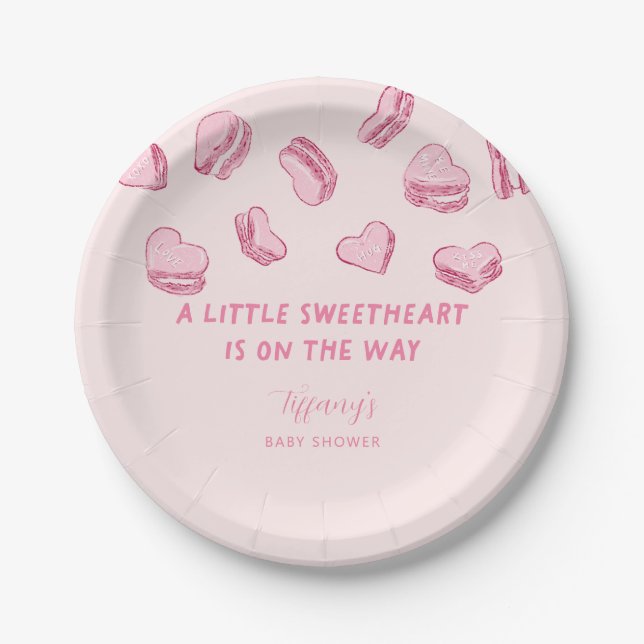 Little Sweetheart Pink Heart Macarons Baby Dusche Pappteller (Vorderseite)