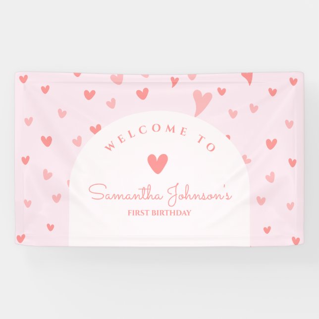 Little Sweetheart Pink Peach Herzen 1. Geburtstag Banner (Horizontal)