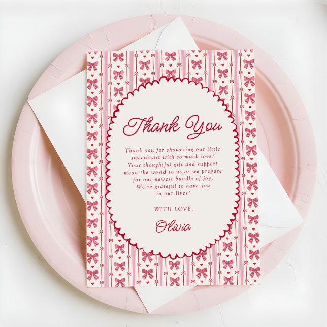 Little Sweetheart Pink Red Bow Baby Shower Dankeskarte (Von Creator hochgeladen)