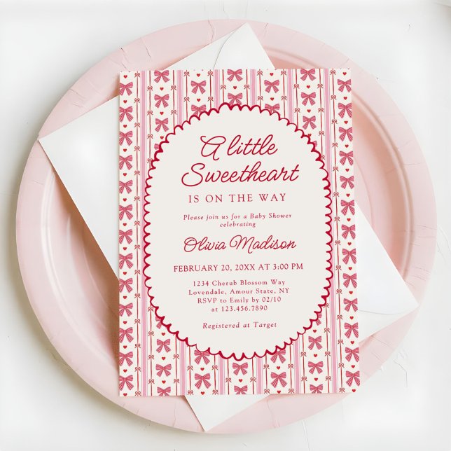 Little Sweetheart Pink Red Bow Baby Shower Einladung (Von Creator hochgeladen)