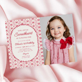 Little Sweetheart Valentine Bow 1st Birthday Photo Einladung