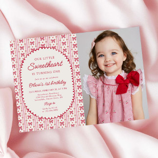 Little Sweetheart Valentine Bow 1st Birthday Photo Einladung
