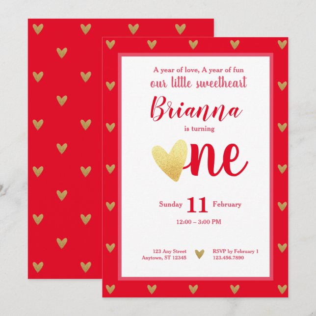 Little Sweetheart Valentine Hearts Erster Geburtst Einladung (Vorne/Hinten)