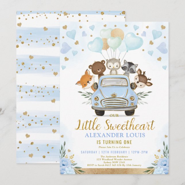 Little Sweetheart Woodland Animals Boy Birthday Einladung (Vorne/Hinten)