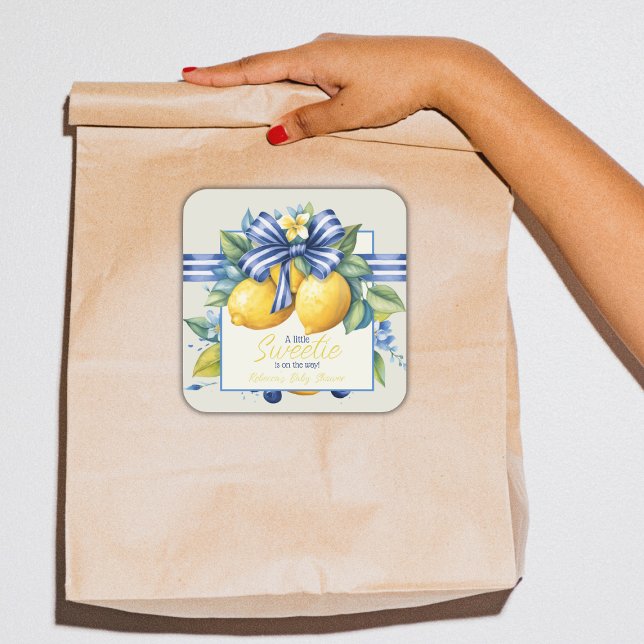 Little Sweetie Blue Bow Tile Lemon Baby Shower Quadratischer Aufkleber (Von Creator hochgeladen)