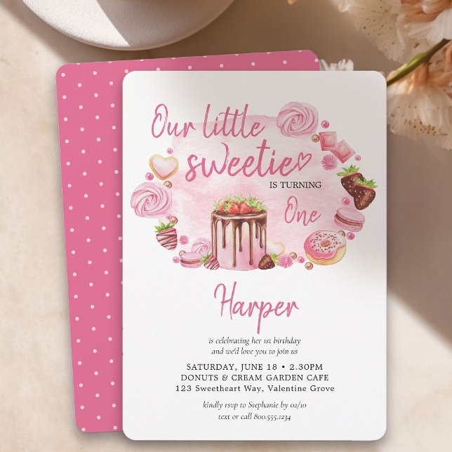Little Sweetie Donuts and Süßigkeiten Girl 1. Gebu Einladung (Little Sweetie Girls Birthday Invitation)