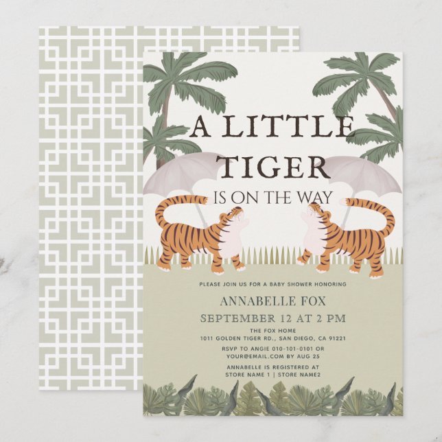 Little Tiger chinoiserie Chic Green Baby Dusche Einladung (Vorne/Hinten)