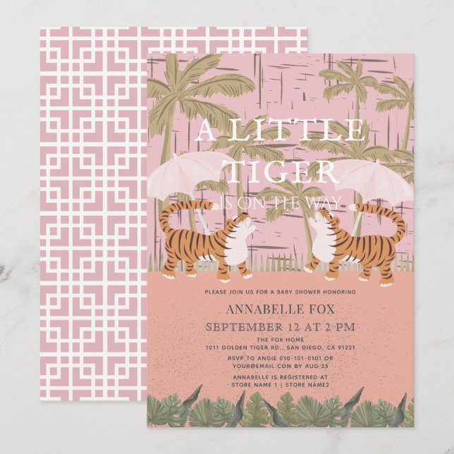 Little Tiger chinoiserie Chic Pink Baby Dusche Einladung (Vorne/Hinten)