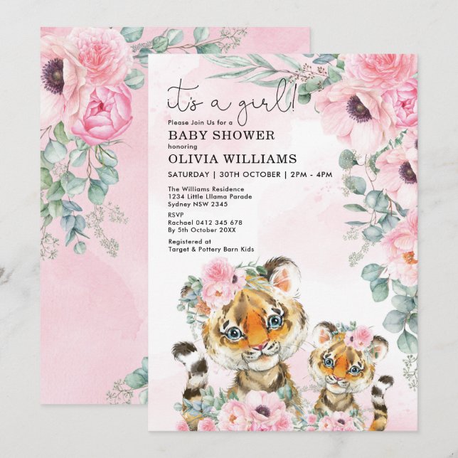 Little Tiger Pink Blumengrün Girl Babydusche Einladung (Vorne/Hinten)