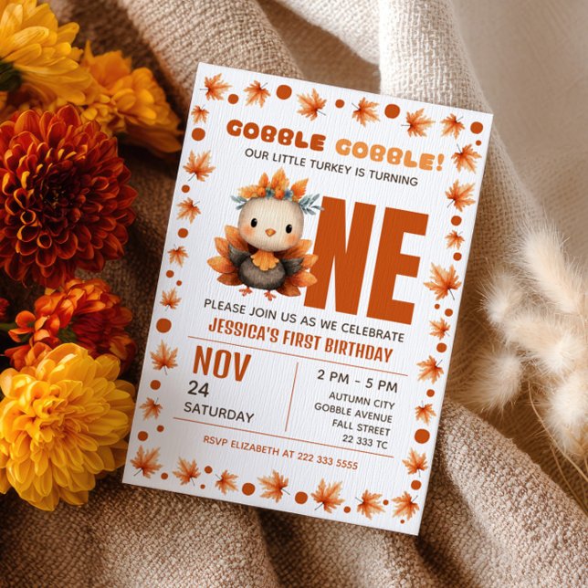 Little Turkey Autumn Thanksgiving 1st Birthday Einladung (Von Creator hochgeladen)