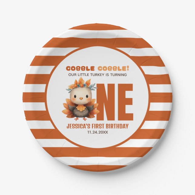 Little Turkey Gobble Thanksgiving 1st Birthday Pappteller (Vorderseite)