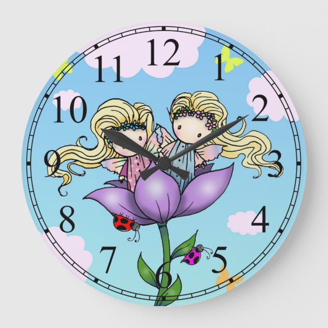 Little Twin Fairy Girls Wall Clock Große Wanduhr (Vorderseite)