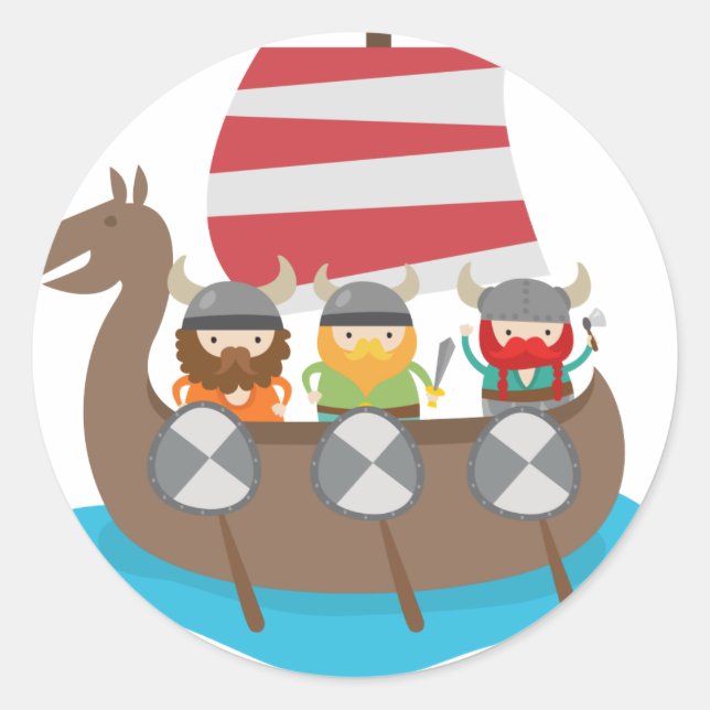Little Vikings auf Schiff Runder Aufkleber (Vorderseite)
