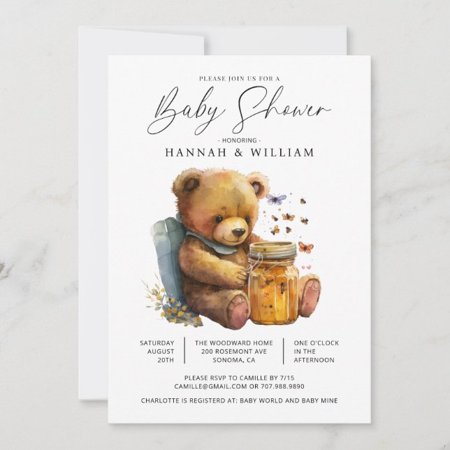 Little Watercolor Teddy Bear Babydusche Einladung (Vorderseite)