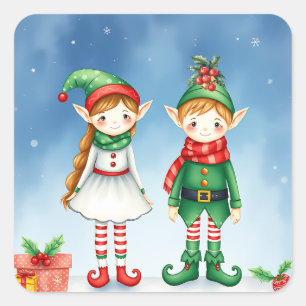Little Watercolor Weihnachtselfen Quadratischer Aufkleber