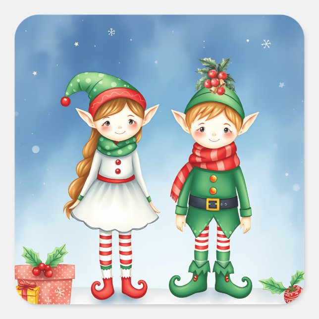 Little Watercolor Weihnachtselfen Quadratischer Aufkleber (Vorderseite)