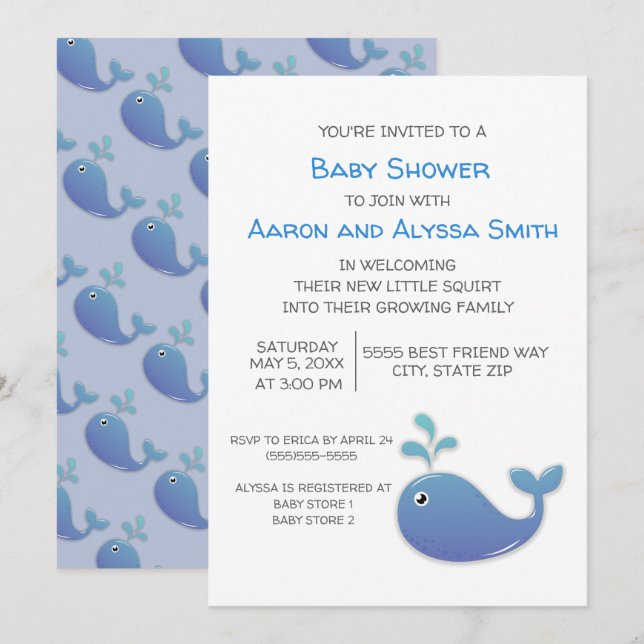 Little Whale / Squirt Blue White Couple's Dusche Einladung (Vorne/Hinten)