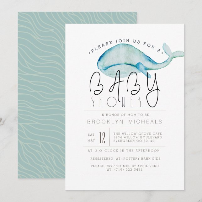 Little Whale Watercolor | Aquatic Baby Dusche Einladung (Vorne/Hinten)