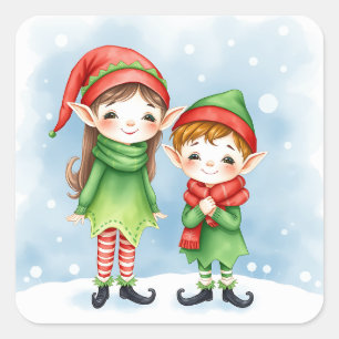 Little Whimsical Christmas Elves Quadratischer Aufkleber