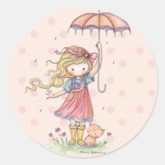 Little Whimsical Girl and Kitten in Rain Runder Aufkleber (Vorderseite)
