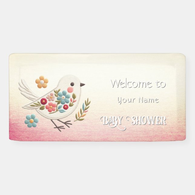 Little White Bird Floral Baby Dusche Banner (Horizontal)
