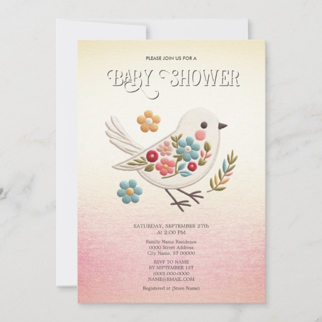 Little White Bird Floral Baby Dusche Einladung (Vorderseite)