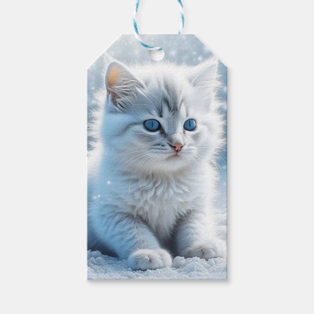 Little White Kitten in Snow Weihnachten Geschenkanhänger (Vorderseite)
