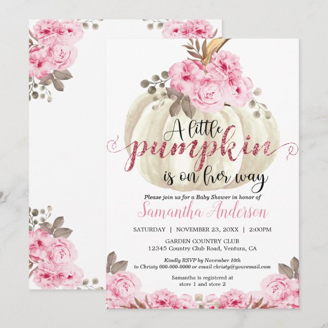 Little White Pumpkin Pink Floral Baby Dusche Einladung (Vorne/Hinten)