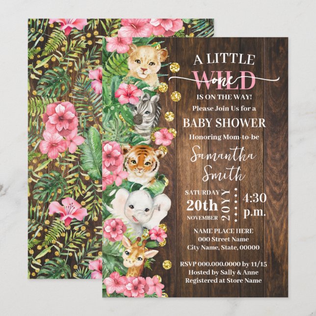 Little Wild One Rustic Safari Pink Baby Shower Einladung (Vorne/Hinten)