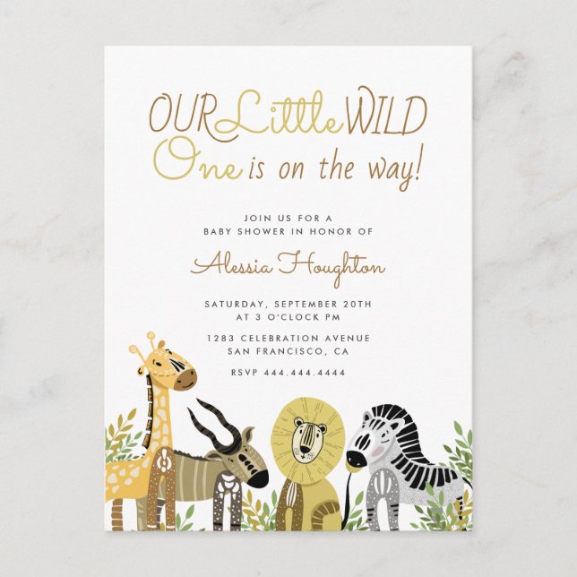 Little Wild One Safari Animals Baby Dusche Einladungspostkarte (Vorderseite)
