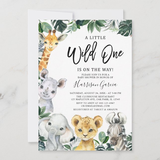 Little Wild One Safari Jungle Animals Baby Dusche Einladung (Vorderseite)