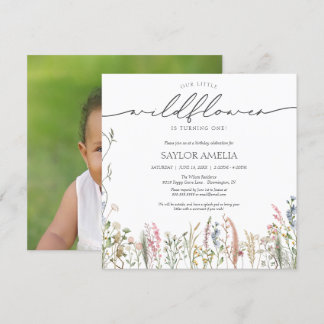Little Wildblume Floral Erster Geburtstag Foto Einladung