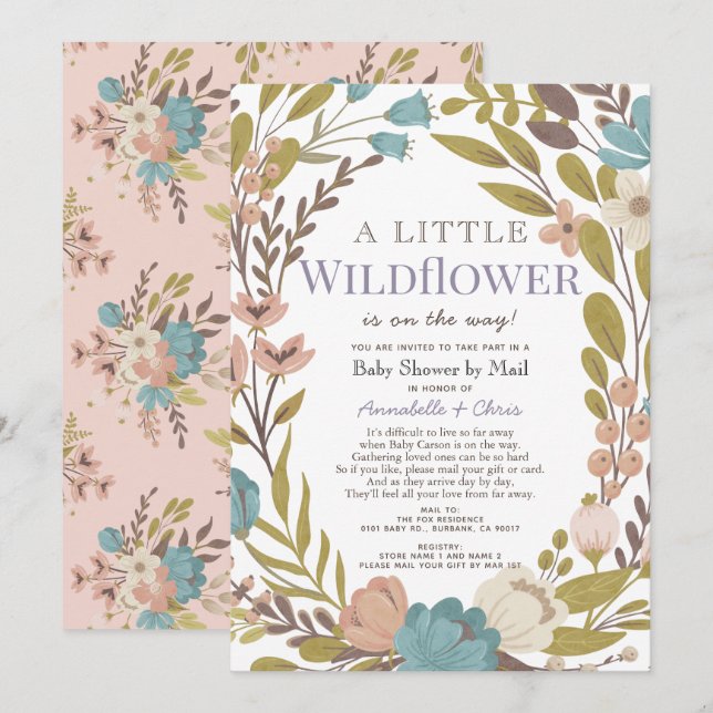 Little Wildblume Girl Baby Shower by Mail Einladung (Vorne/Hinten)