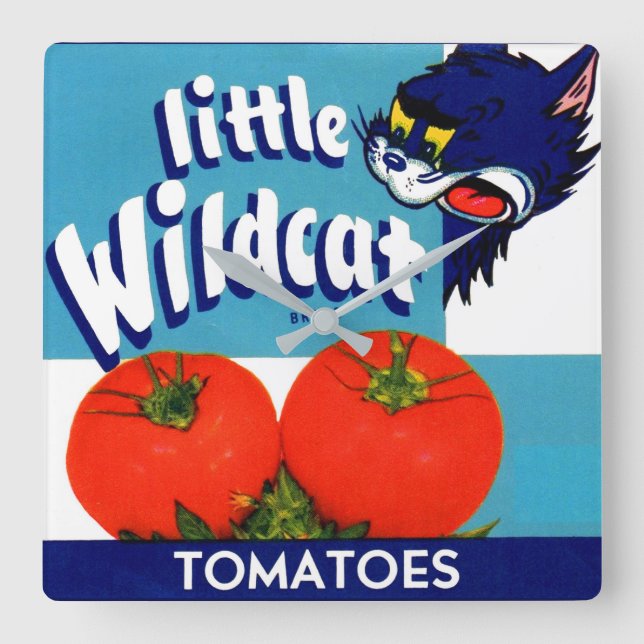 Little Wildcat tomatoes crate label Quadratische Wanduhr (Vorderseite)