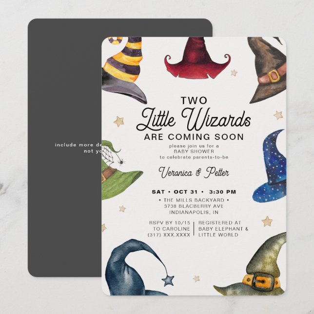 Little Wizards Twin Boy Gray Halloween Baby Shower Einladung (Vorne/Hinten)